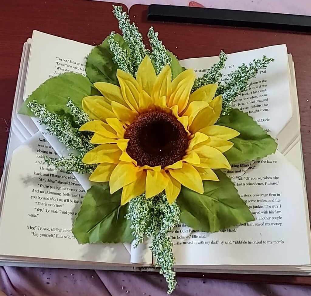 Book with folded pages and a sunflower emerging from the folds.